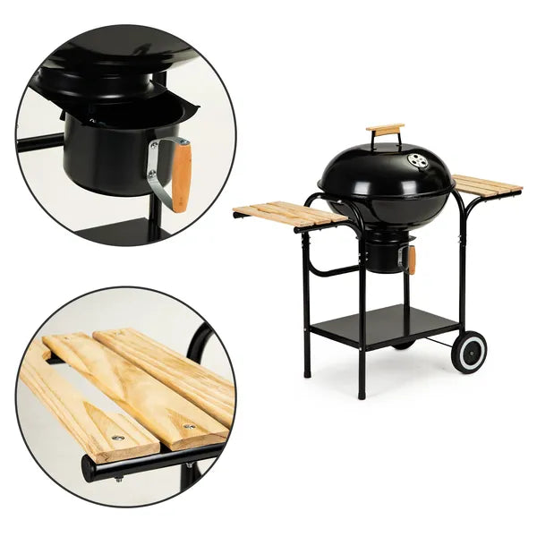 Faszénes kerti grill fedéllel, 40 cm krómozott rostéllyal, polcokkal, kerekekkel