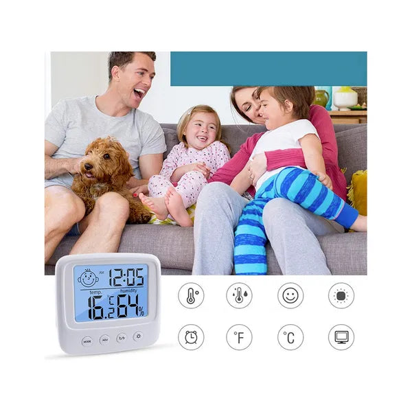 Digitális LCD hőmérő-páratartalom mérő belső órával, ébresztővel, asztali/fali