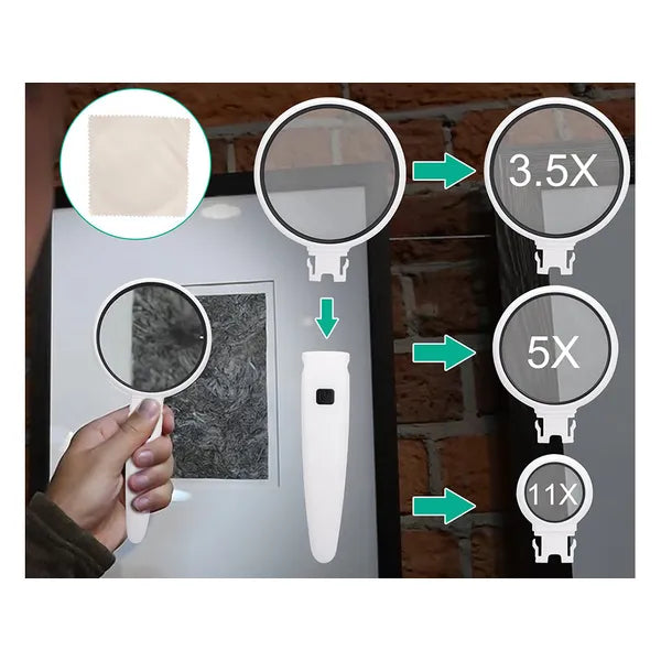 Kézi ékszerész nagyító 2 LED-del, 3 cserélhető lencse (3,5×/5×/11×), elemes