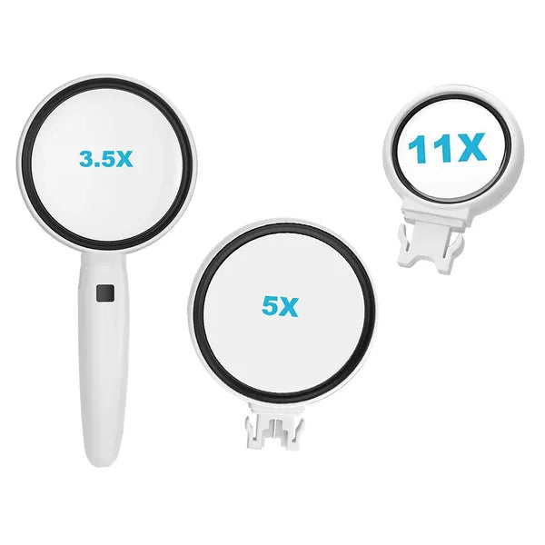 Kézi ékszerész nagyító 2 LED-del, 3 cserélhető lencse (3,5×/5×/11×), elemes