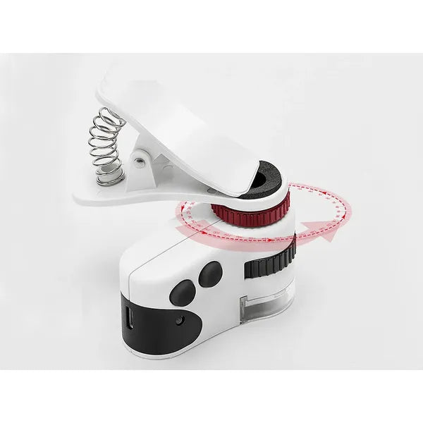 Mini telefon mikroszkóp 60× nagyítás, LED+UV világítás, microUSB töltés