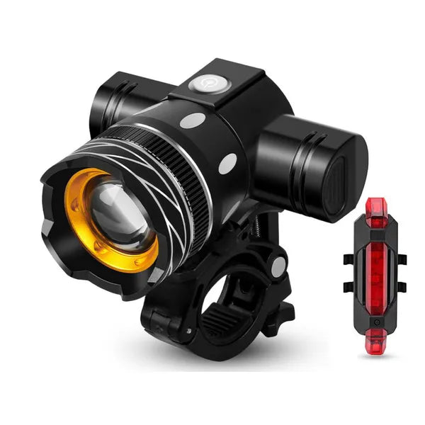 USB-töltésű LED T6 kerékpár lámpaszett, első-hátsó, vízálló 3+4 mód
