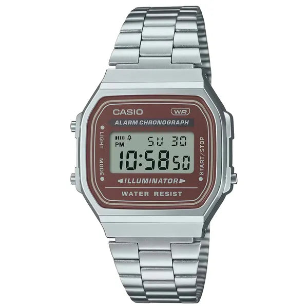 Casio A168WA-5A uniszex vintage karóra, ezüst acél szíj, barna LCD, WR30