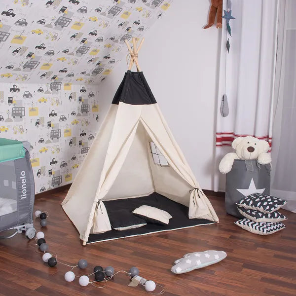 Gyerek pamut indián tipi sátor fekete, játszószőnyeggel, párnákkal