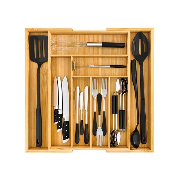 Bambusz evőeszközrendező fiókbetét, 8 rekeszes, állítható (30–43 cm)