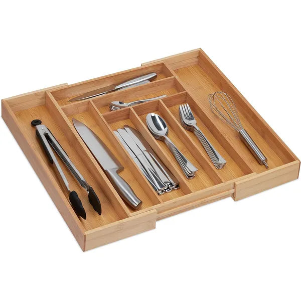 Bambusz evőeszközrendező fiókbetét, 8 rekeszes, állítható (30–43 cm)