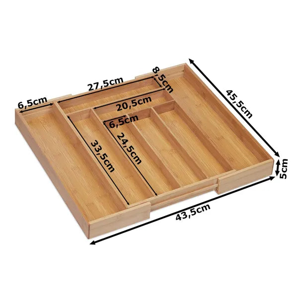 Bambusz evőeszközrendező fiókbetét, 8 rekeszes, állítható (30–43 cm)