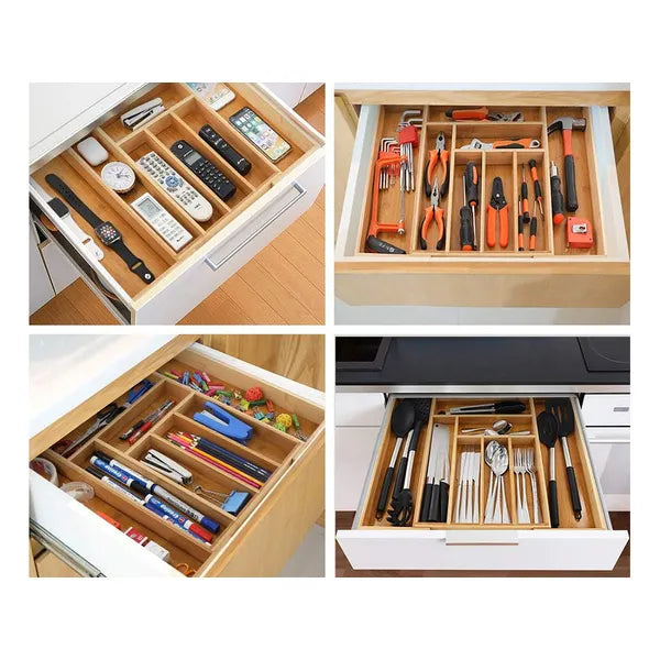 Bambusz evőeszközrendező fiókbetét, 8 rekeszes, állítható (30–43 cm)