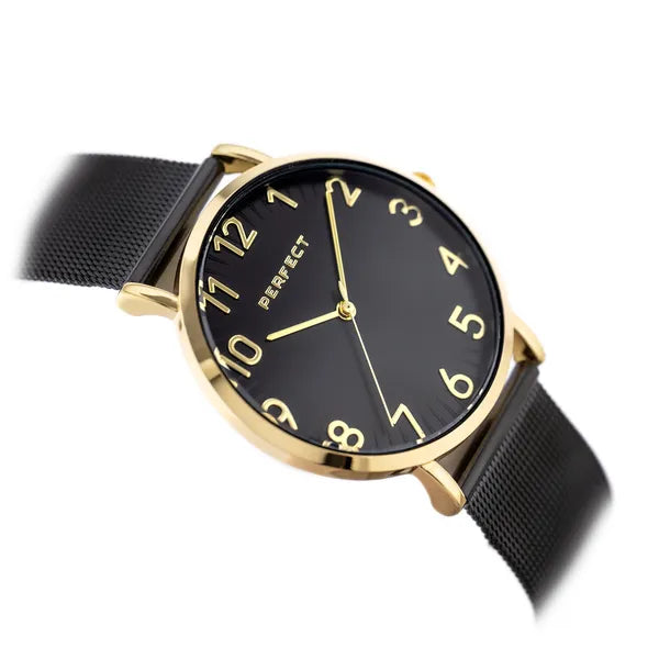 Perfect F342-05 női karóra, arany 36 mm tok, fekete számlap, Miyota kvarc