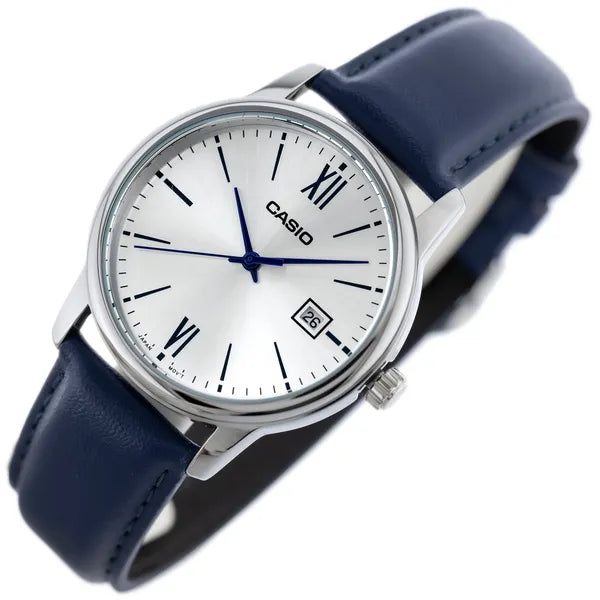 Casio MTP-V002L-2B3 férfi karóra, kvarc, bőr szíj, ezüst számlap, WR30
