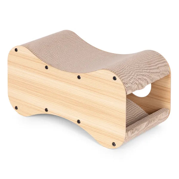 Kartonos macskakaparó házzal és ágy funkcióval, MDF keret, 55×28×29 cm