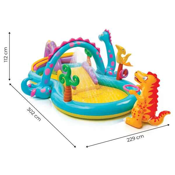 Intex Dinoland felfújható gyerek játszótér csúszdával, szökőkúttal 333×229 cm