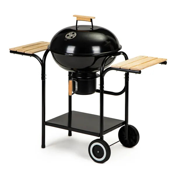 Faszénes kerti grill fedéllel, 40 cm krómozott rostéllyal, polcokkal, kerekekkel