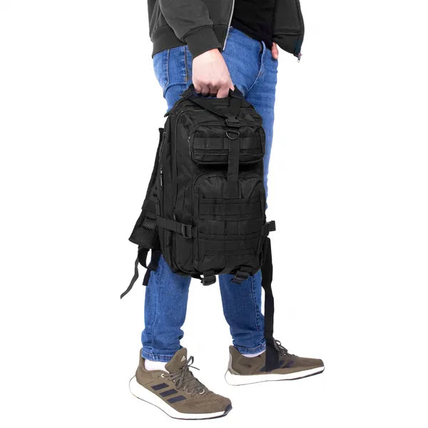 Fekete sport- és túrahátizsák, 42x23x24 cm, 4 zsebes, 700 g poliészter
