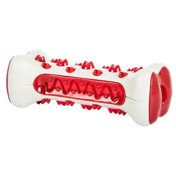 Fogtisztító kutyarágó játék, jutalomfalat-tartó, 15 cm, piros