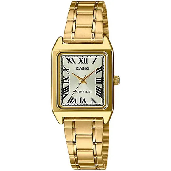 Casio női karóra, arany nemesacél, téglalap tok, kvarc, WR50