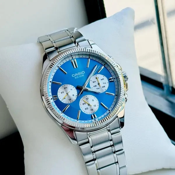 Casio férfi karóra kronográf, kék számlap, rozsdamentes acél szíj, WR50