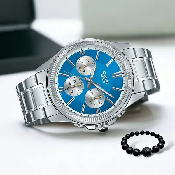 Casio férfi karóra kronográf, kék számlap, rozsdamentes acél szíj, WR50