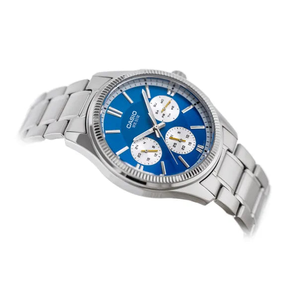 Casio férfi karóra kronográf, kék számlap, rozsdamentes acél szíj, WR50