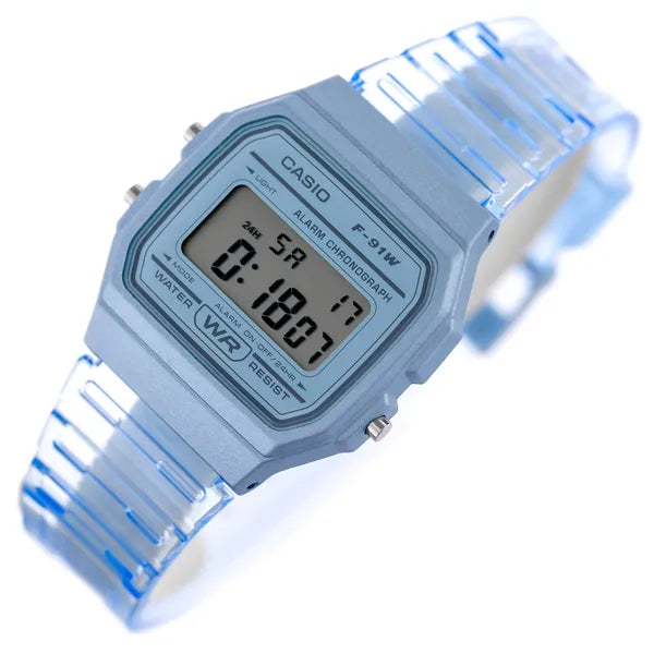 Casio F-91WS-2 uniszex retro digitális karóra, kék áttetsző, WR30