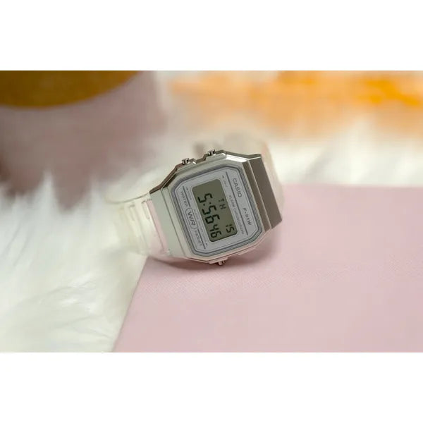 Casio F-91WS-7 uniszex retro digitális karóra, átlátszó fehér, WR30