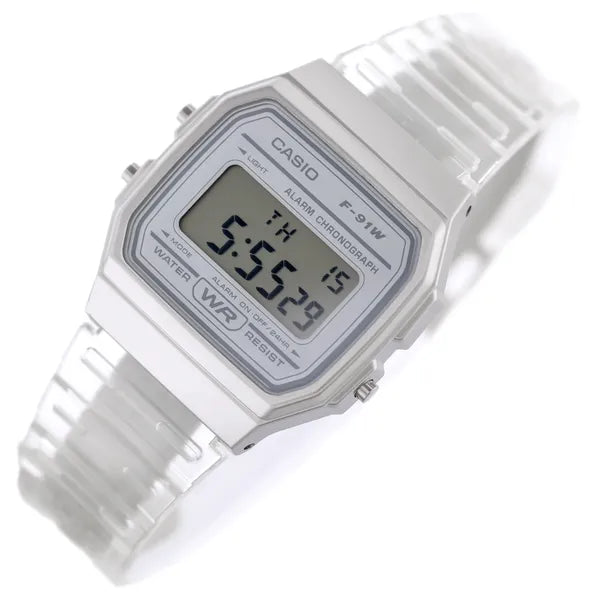 Casio F-91WS-7 uniszex retro digitális karóra, átlátszó fehér, WR30