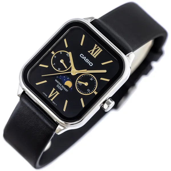 Férfi karóra Casio MTP-M305L-1A2, bőrszíj, 34 mm, WR50, holdfázis