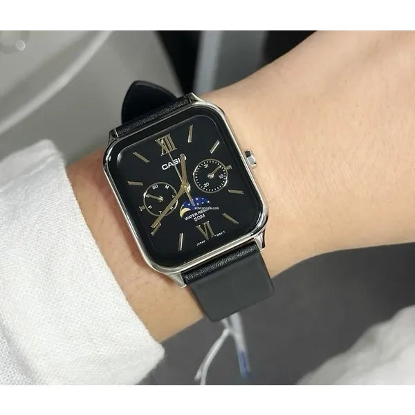 Férfi karóra Casio MTP-M305L-1A2, bőrszíj, 34 mm, WR50, holdfázis