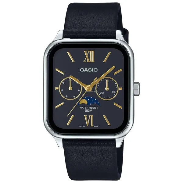 Férfi karóra Casio MTP-M305L-1A2, bőrszíj, 34 mm, WR50, holdfázis