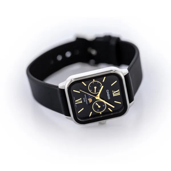 Férfi karóra Casio MTP-M305L-1A2, bőrszíj, 34 mm, WR50, holdfázis