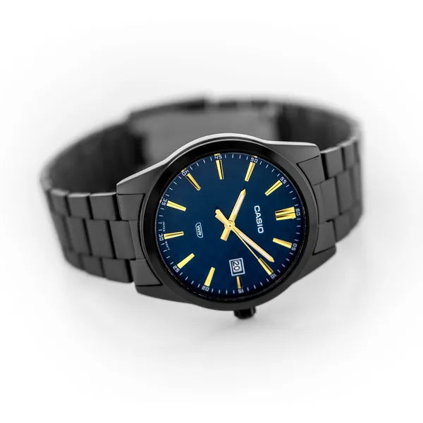 Casio MTP-VD03B-2A férfi karóra, fekete acél szíj, kék számlap, WR50, dátum