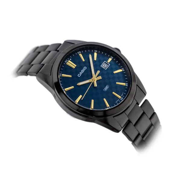 Casio MTP-VD03B-2A férfi karóra, fekete acél szíj, kék számlap, WR50, dátum