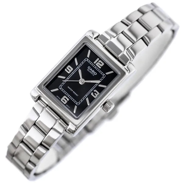 Casio női karóra LTP-1234DD-1A, acél szíj, fekete téglalap számlap, WR30