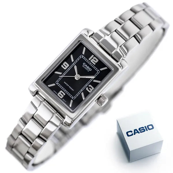 Casio női karóra LTP-1234DD-1A, acél szíj, fekete téglalap számlap, WR30