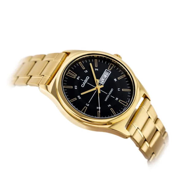 Casio MTP-V006G-1C férfi karóra, arany nemesacél, fekete számlap, dátum, WR30