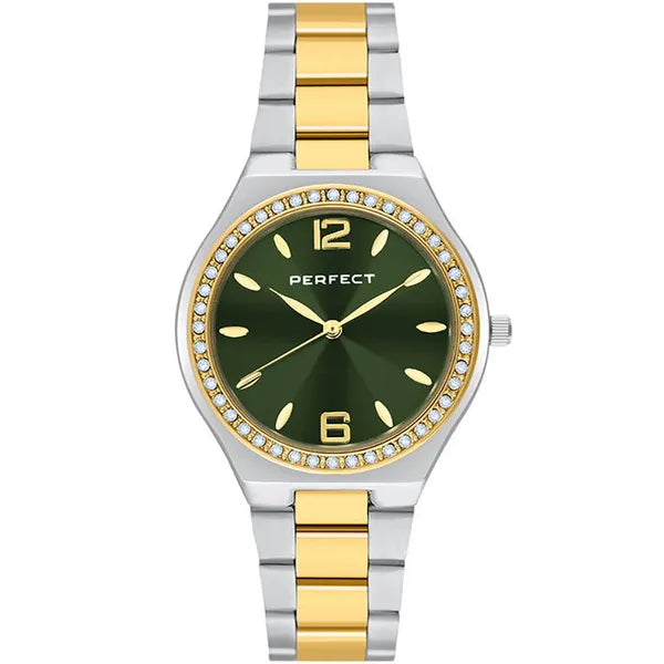 Perfect S390-06 női karóra, zöld számlap, arany/ezüst fém szíj, 34 mm