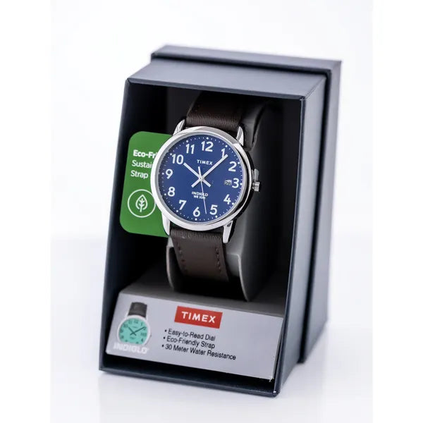 Timex Easy Reader női karóra, 35 mm, fekete bőrszíj, kék számlap