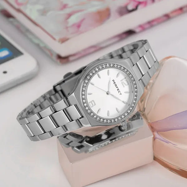 Perfect S390-01 női karóra, 34 mm, ezüst fém szíj, kristályos
