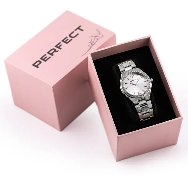 Perfect S390-01 női karóra, 34 mm, ezüst fém szíj, kristályos