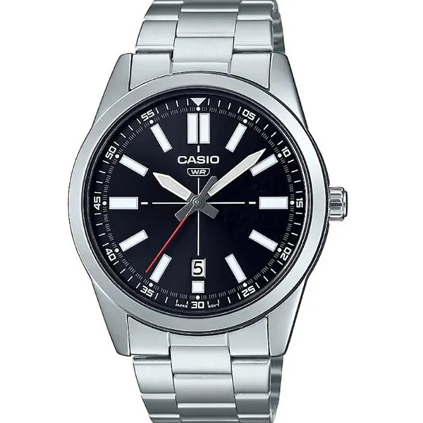 Casio MTP-VD02D-1E férfi karóra, acél szíj, fekete számlap, WR30, 41 mm