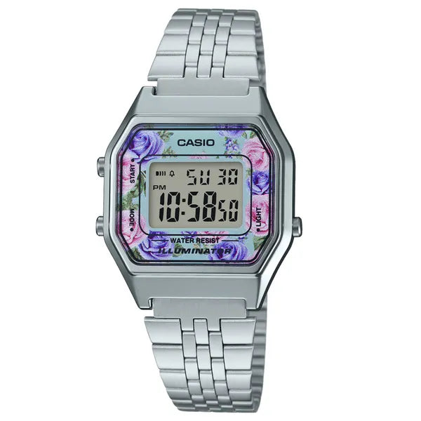 Casio LA680WA-2C női digitális karóra, turkiz számlap, ezüst acél szíj, 30 m WR