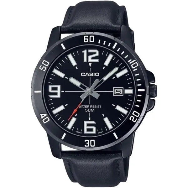 Casio MTP-VD01BL-1B férfi karóra, fekete acél tok 45 mm, bőrszíj, WR50