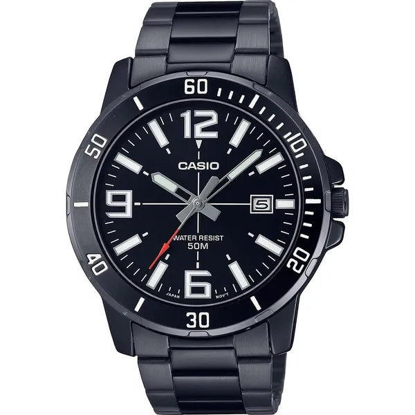 Casio MTP-VD01B-1B férfi karóra, fekete acél, WR50, dátum, 45 mm