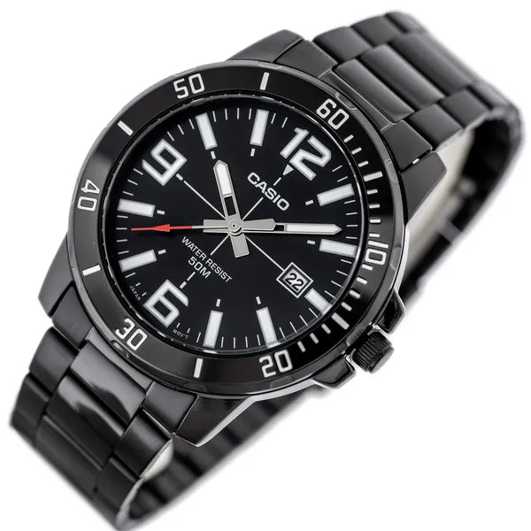 Casio MTP-VD01B-1B férfi karóra, fekete acél, WR50, dátum, 45 mm