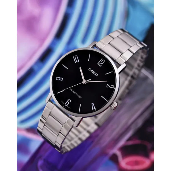 Casio MTP-VT01D-1B2 férfi karóra, fekete számlap, acél szíj, 40 mm