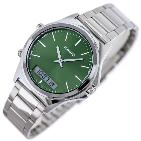 Casio MTP-VC01D-3E férfi karóra, acél szíj, zöld számlap, WR50