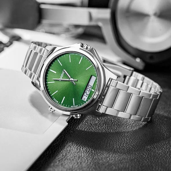 Casio MTP-VC01D-3E férfi karóra, acél szíj, zöld számlap, WR50