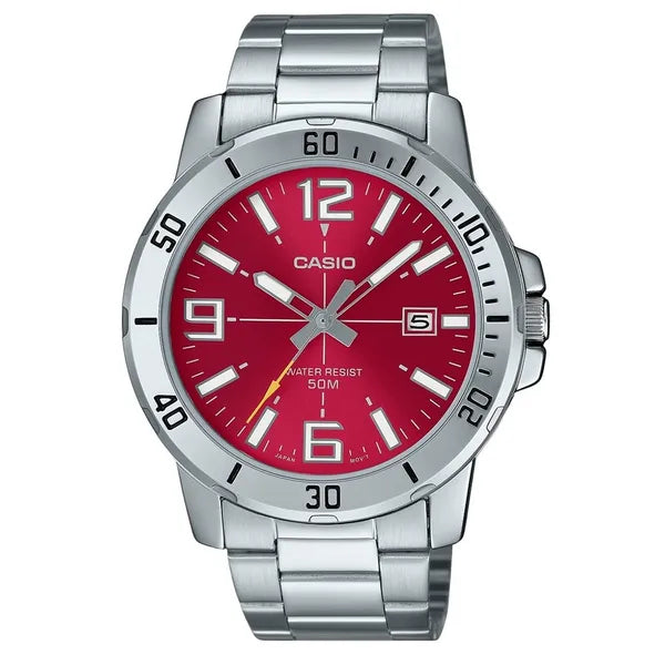 Casio MTP-VD01D-4B férfi karóra, rozsdamentes acél szíj, piros számlap