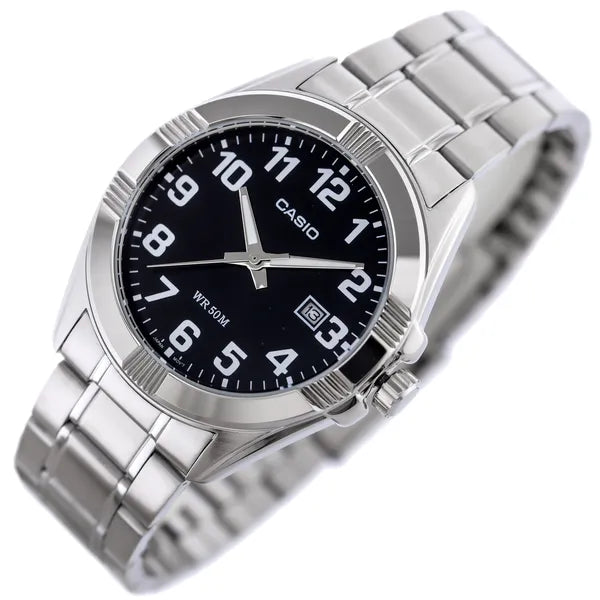 Casio MTP-1308D-1B férfi karóra, acél szíj, fekete számlap, WR50