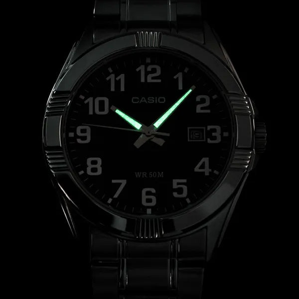 Casio MTP-1308D-1B férfi karóra, acél szíj, fekete számlap, WR50